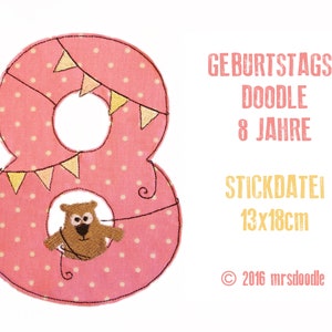 Geburtstags-Doodle 8 Jahre 13x18cm Stickdatei Bild 1