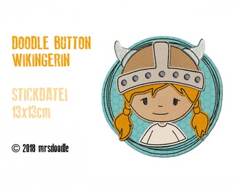 Stickdatei Wikingerin Doodle-Button 13x13cm