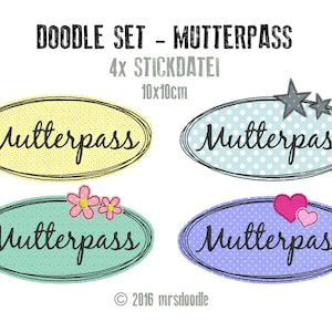 以下が含まれることがあります： 「Mutterpass」（ドイツ語で「母子手帳」）用の印刷可能なステッカーデザインが4つあります。各ステッカーは、水玉模様、星、花、ハートなど、異なるパターンとデザインが特徴です。ステッカーのサイズは10cm×10cmです。