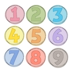 Könnte beinhalten: Neun bunte Kreise mit schwarzen Umrissen, jeder mit einer weißen Zahl von 1 bis 9. Die Kreise sind in einem 3x3-Raster angeordnet.