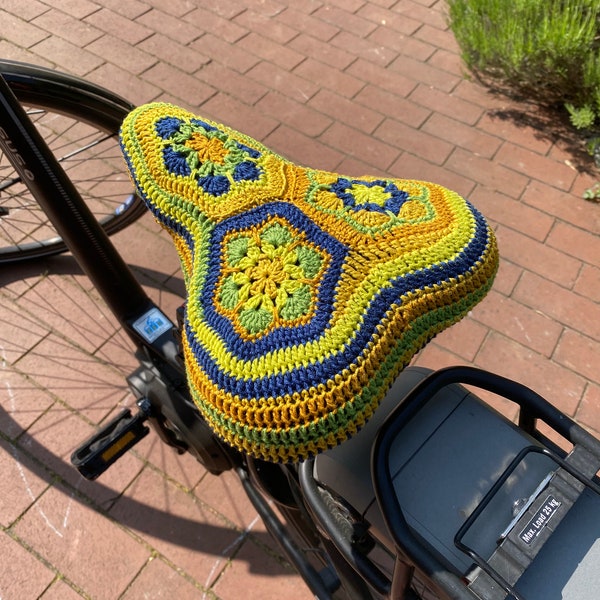 Fahrradsattelbezug gehäkelt Sattelbezug Boho retro Sattelschutz Fahrradsattelschutz Fahrradschutz grün, blau, curry