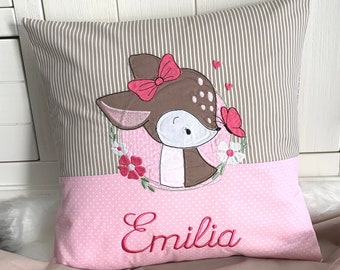 personalisiertes Kinderkissen zur Geburt, Namenskissen, Reh, rosa, Kinderkissen, Kuschelkissen, Babygeschenk