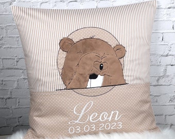 personalisiertes Namenskissen, Kissen mit Namen, Kissen mit Bär, Teddy, beige, braun