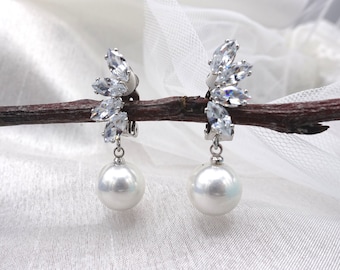 Brautschmuck Kristall Ohrclips in silber mit weißer Perle und Kristall Stein Hochzeitsohrringe,Perle Hochzeit