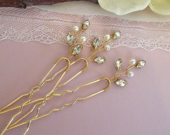 Braut Haarschmuck 3x Perlen Strass Haarnadel in Gold