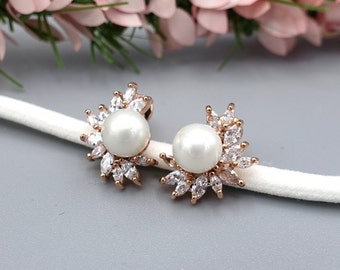Brautschmuck  Ohrstecker  Roségold - Kristall - Strass -  Weiße Perle - Hochzeitsohrringe,Perle Hochzeit