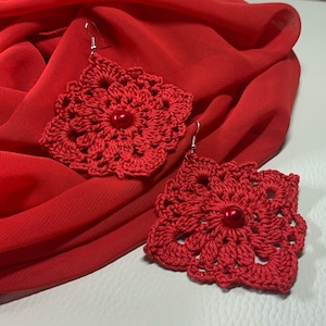 Red earrings, Gift idea for women, crochet statement earrings, gift under 15, gift for her, women chandelier earrings, colors