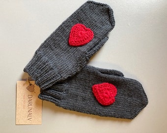 Heart Gloves, Women and Men Gloves, Plaid Heart, Gloves with heart, Gloves Winter, Gift Knitted Accessories, Valentine's Day, Gift for her
