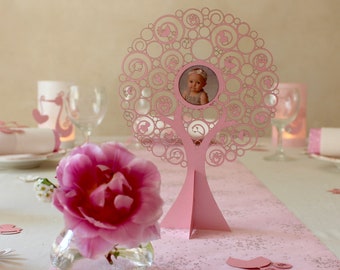 Doopdecoratie spiraalboom met fotolijst roze, 2 stuks.