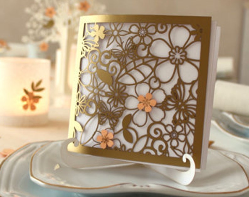invitation card wedding lace filigree cherry blossom gold