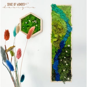Arte mural de musgo de reno preservado y flores secas, rectángulo de 12,7 x 45,7 cm