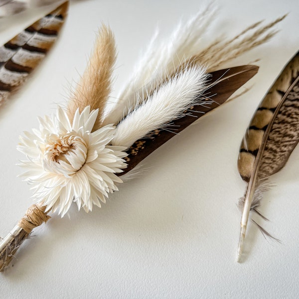 Dried Flower Boutonniere, Turkey Feather and Strawflower, Bunny Tails, Pampas Grass, Rustic Farmhouse, Western, Fall,