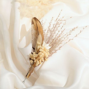 Boho Wedding Boutonniere, Neutral Dried Flower Boutonniere, Boho Fall Wedding Flowers, Ringneck Pheasant Feather, "The Henry"