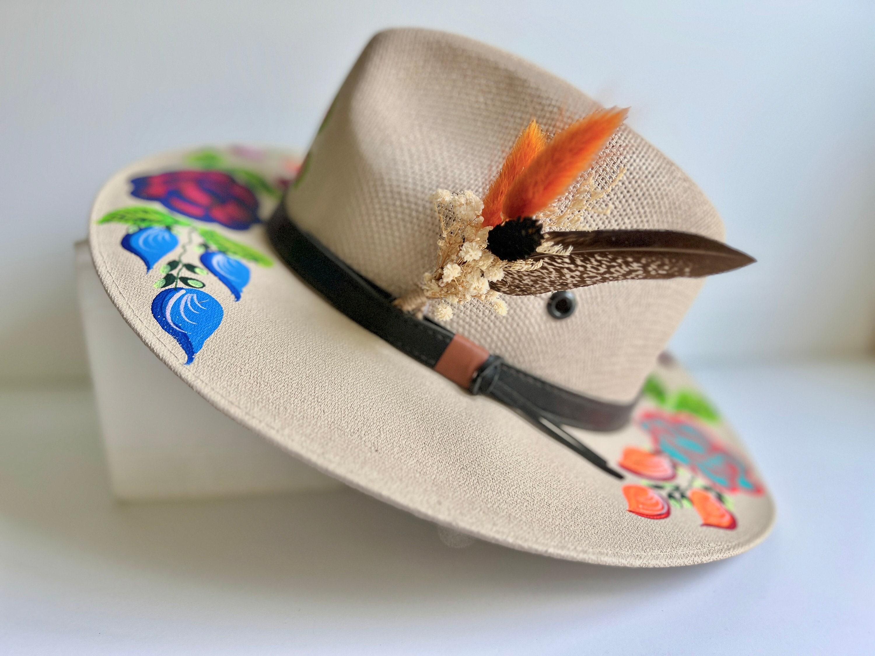 Burnt Orange Feather Hat Accent, Dried Flower Fedora Decor 