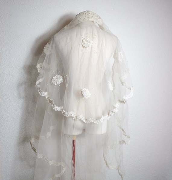 Antique Wedding Veil Lace & Hand Embroidered