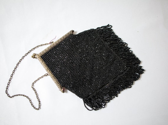 Victorian Antique Black Beaded Snap Handbag - VER… - image 1