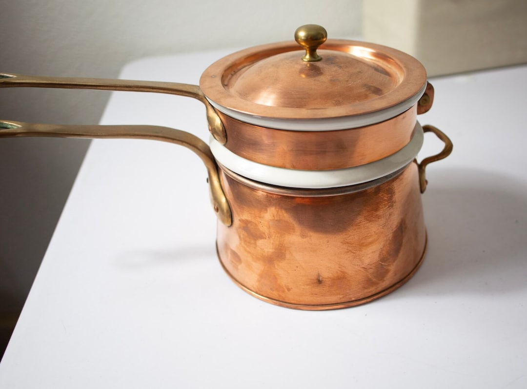 Antique Copper Double Boiler W/ Lid & Brass Handles - Etsy