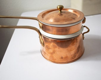 Antique Copper Double Boiler w/ Lid & Brass Handles