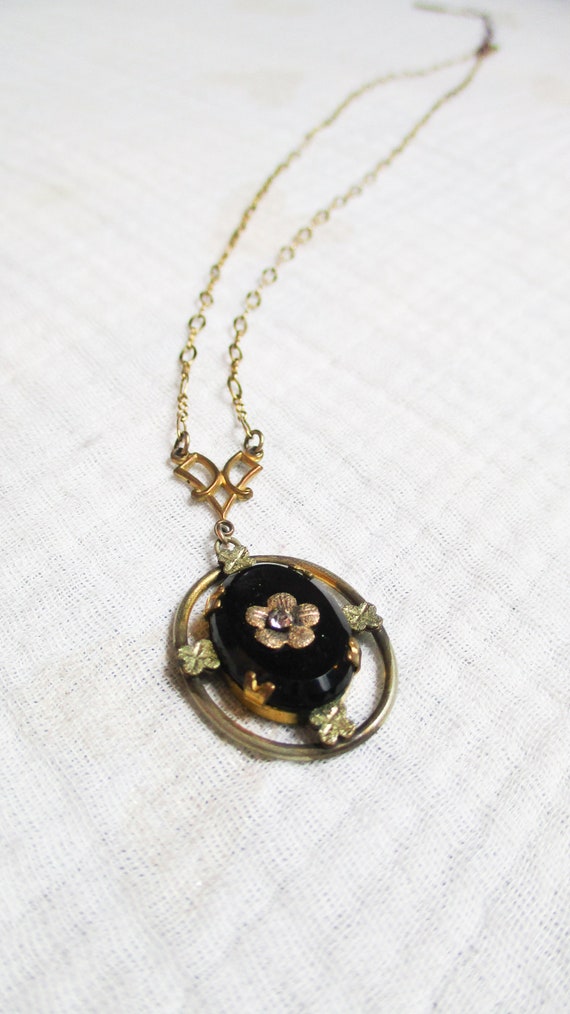 Antique Black Onyx w/ Diamond on Gold Chain