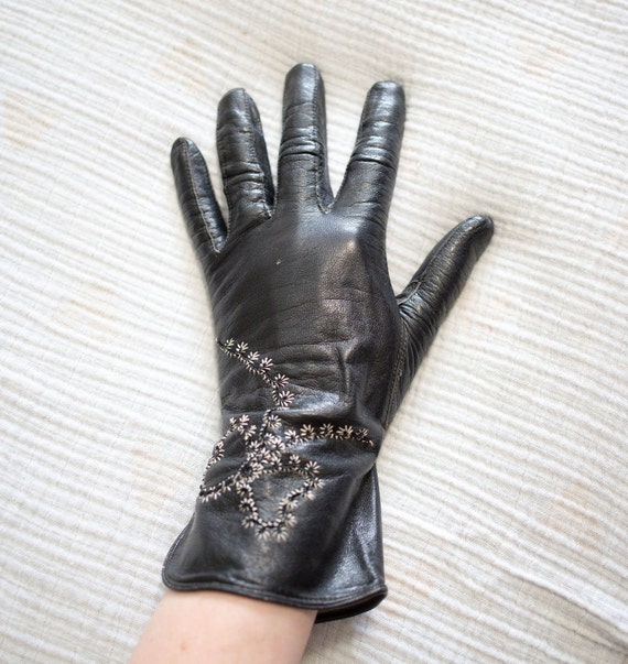 Antique Victorian Black Leather Embroidered Gloves - image 1