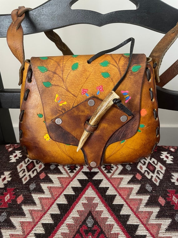 Vintage boho hippie 70’s leather floral tooled bag - image 1