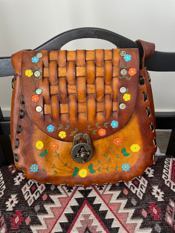 Vintage handmade boho hippie floral leather tooled