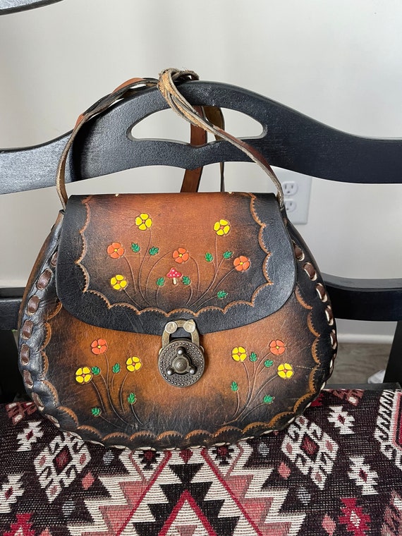 Vintage boho hippie floral Mexican handmade leath… - image 1