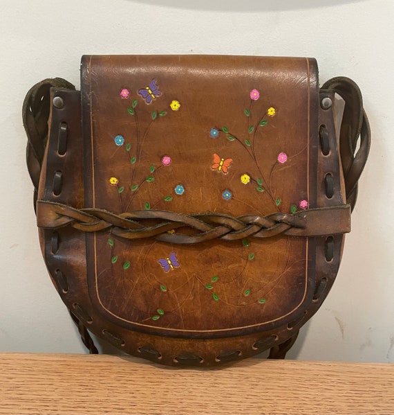 Vintage boho hippie 70’s leather tooled floral pu… - image 1