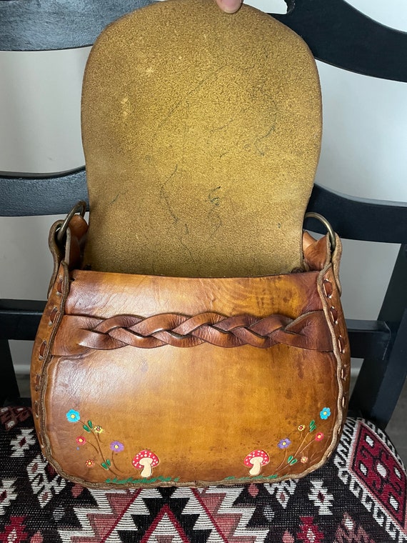 Vintage boho hippie leather tooled handmade mushr… - image 7