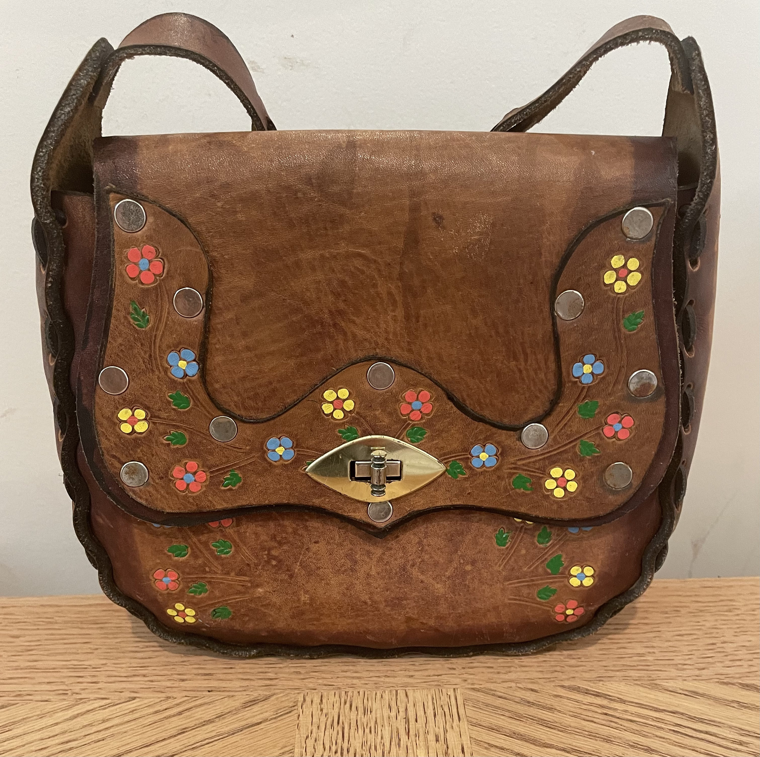 1970s one of a kind vintage leather tooled mushroom floral handprinted purse  / crossbody