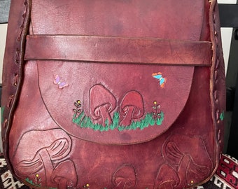 vintage boho hippie handmade leather tooled mushroom floral bag