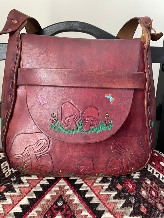 vintage boho hippie handmade leather tooled mushro