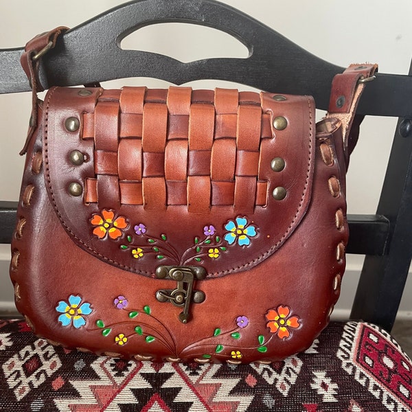 Vintage style boho hippie leather handmade floral tooled bag