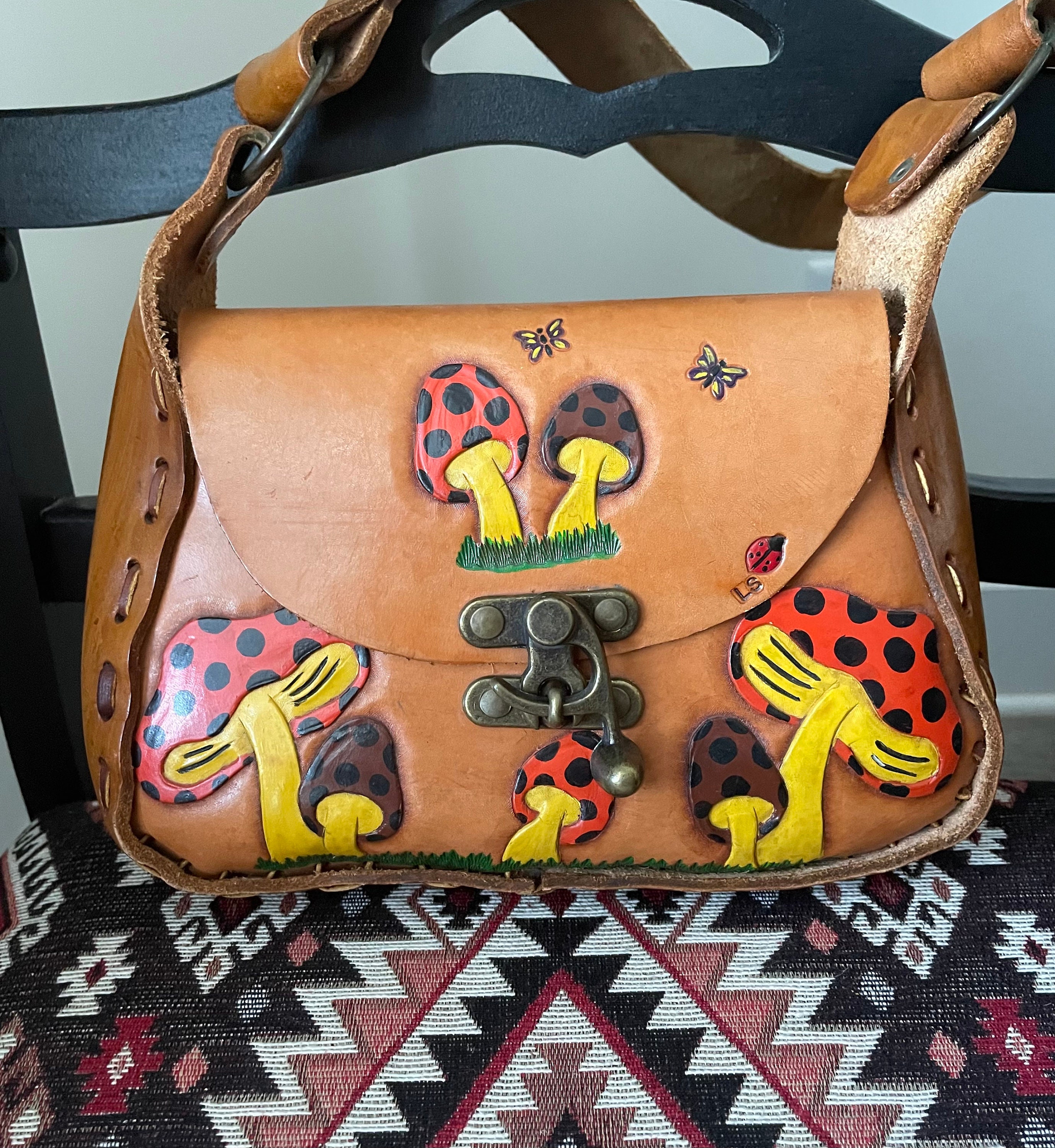 Vintage Boho Hippie Mushroom Butterfly Leather Tooled Painted Leather Bag Etsy