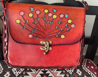 handmade vintage style boho hippie leather tooled floral bag