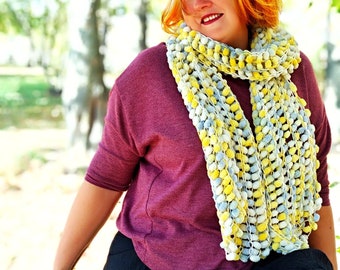 Pom Pom Scarf, Blue Yellow Boho Scarf, Crochet Boho Scarf, Crochet Pom Pom Scarf, Blue Scarf, Yellow Scarf, Warm Scarf, Winter Scarf, Shawl