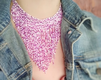 Rose Pink Fringe Seed Bead Choker, Purple Fringe Beaded Necklace, Purple Beaded Choker, Statement Necklace, Seed Bead Necklace, Rose Choker