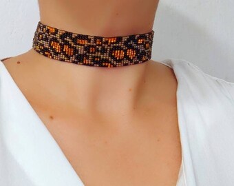 Sparkle Seed Bead Leopard Choker, Boho Statement Necklace