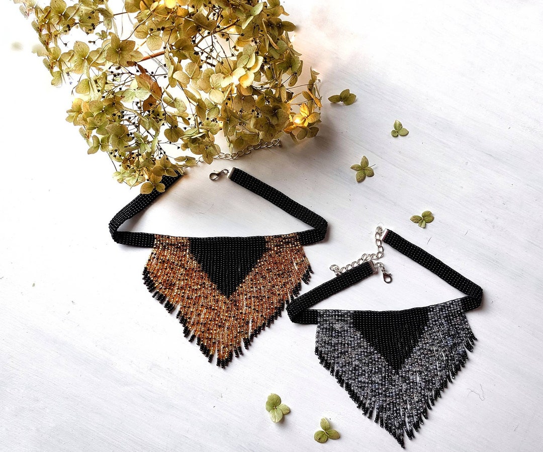 Seed Bead Fringe Choker, Seed Bead Fringe Necklace, Boho Beaded