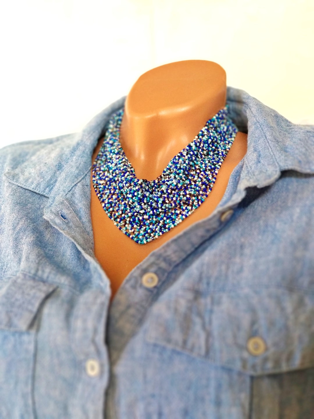 Beaded Scarf Necklace, Beaded Netted Scarf, Bead Netted Necklace