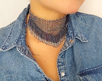 Sparkle gray handcrafted fringe beaded choker necklace for women