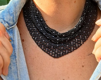 Black Beaded Scarf Necklace, Beaded Women Bandana, Beaded Netted Necklace, Beaded Neck Scarf, Beaded Neckerchief