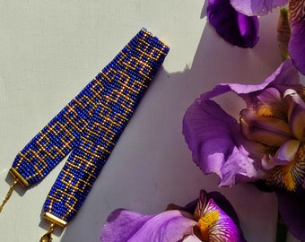 Blue beaded choker with gold geometric ornament, Unique seed bead collar necklace, Handmade women choker necklace