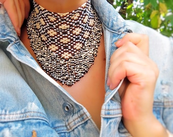 Unique Western Beaded Scarf Necklace, Fringe beaded bandana
