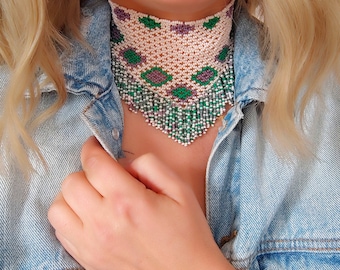 Western fringe beaded bandana for a women, beige with green and purple rombs beaded scarf necklace