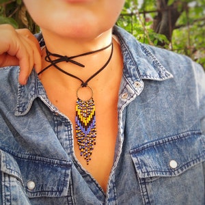 Blue yellow and black unique beaded choker necklace