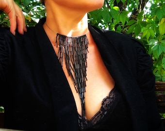 Handcrafted Black Seed Bead Fringe Choker, Bohemian Necklace
