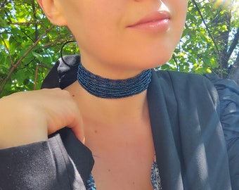 Dark blue chameleon beaded choker, Unique seed bead collar necklace