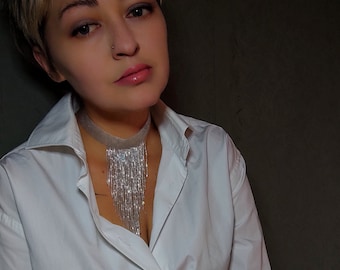 Sparkle white fringe beaded choker necklace