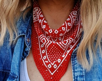 Classic red beaded bandana, Cowgirl beaded scarf necklace
